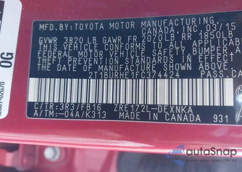 2015 Toyota Corolla Le из США, поврежденный, VIN 2T1BURHE1FC374424